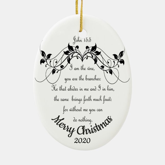 Custom Dated Christmas I am the Vine Scripture Ceramic Tree Decoration (Back)