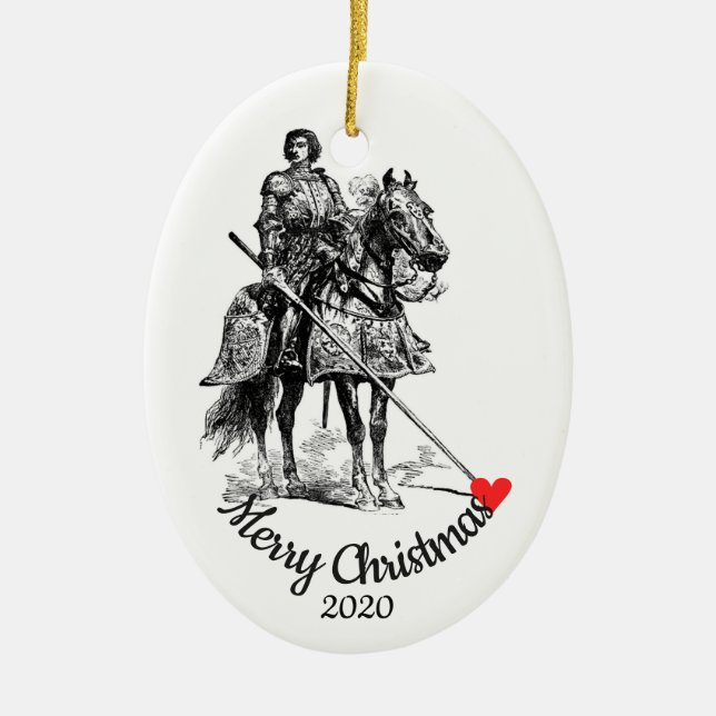 Custom Dated Christmas Knight in Shining Armour Fu Ceramic Tree Decoration (Front)