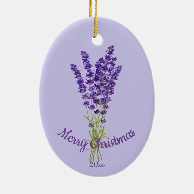 Custom Dated Christmas Lavender Garden Flowers Ceramic Tree Decoration (Back)