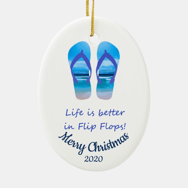Custom Dated Christmas Life Better in Flip Flops Ceramic Tree Decoration (Back)