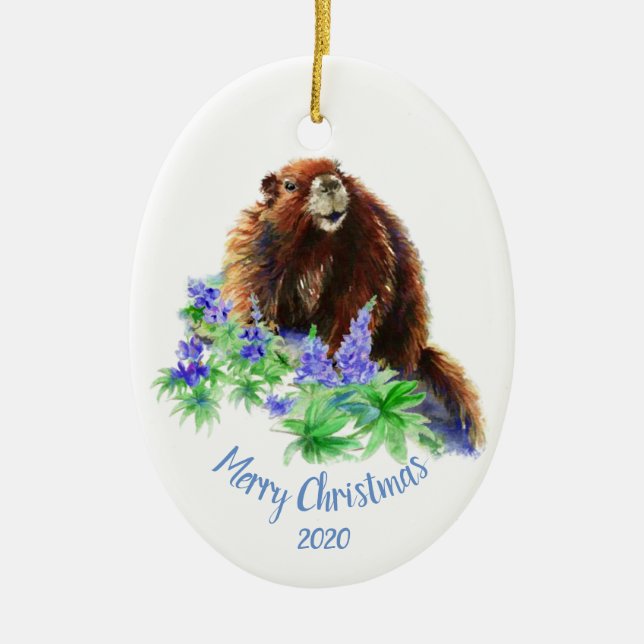 Custom Dated Christmas Marmot, Groundhog Animal Ceramic Tree Decoration (Front)
