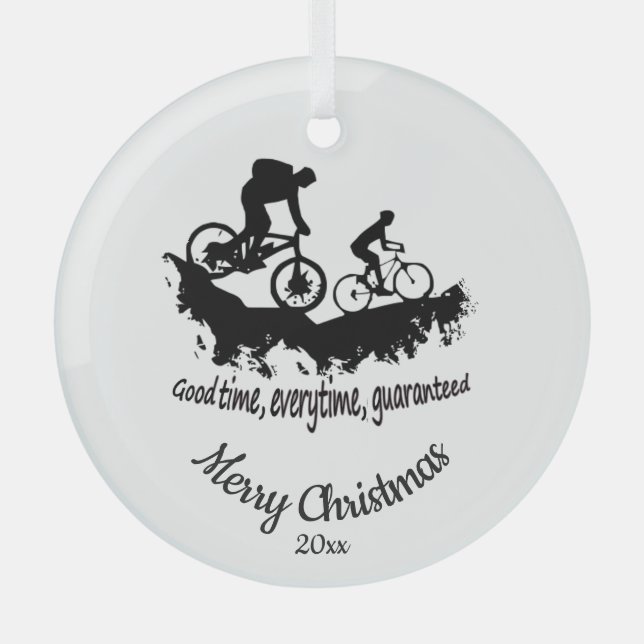 Custom Dated Christmas Mountain Biking Quote  Meta Glass Tree Decoration (Front)