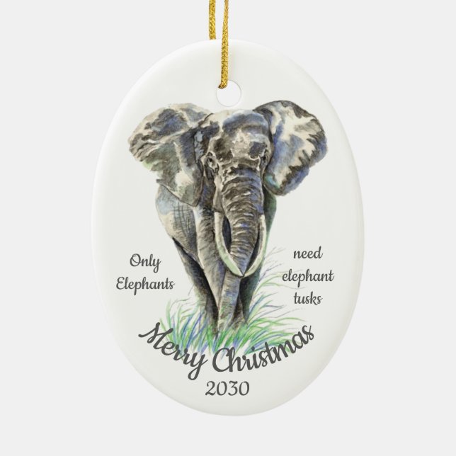 Custom Dated Christmas Only Elephants need Tusks Ceramic Tree Decoration (Back)