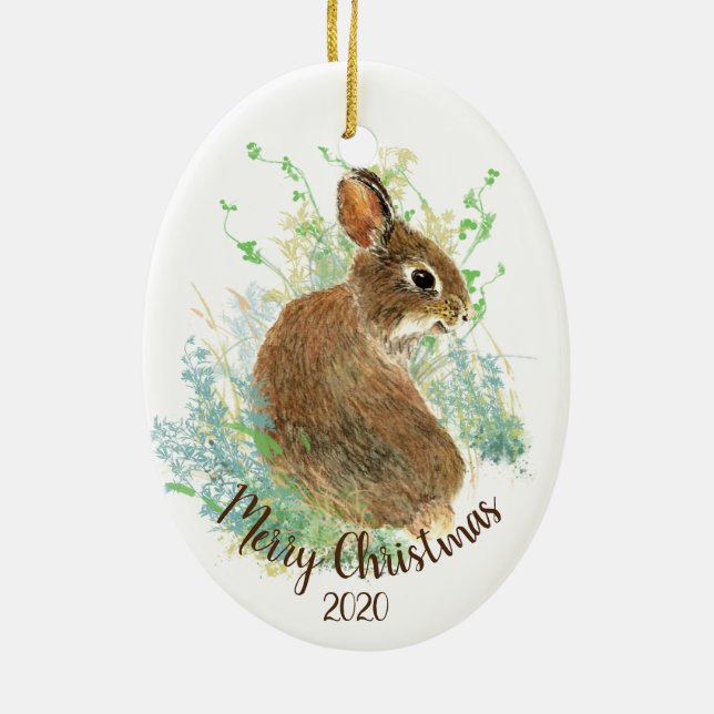 Custom Dated Christmas Plant Cute Bunny Rabbit Ceramic Tree Decoration (Back)