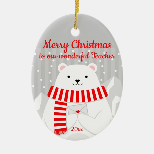 Custom Dated Christmas Polar Bear Cute Our Teacher Ceramic Tree Decoration (Front)