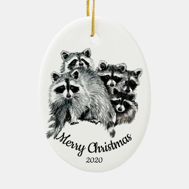 Custom Dated Christmas Raccoon Family of Five Ceramic Tree Decoration (Back)