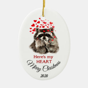 Custom Dated Christmas Racoon Here's my Heart Ceramic Tree Decoration