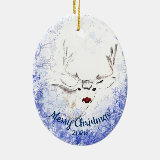 Custom Dated Christmas Red Nosed Reindeer Fun Ceramic Tree Decoration (Back)