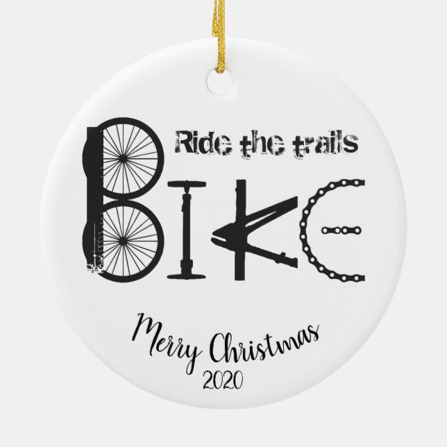 Custom Dated Christmas Ride the Trails Cycling Fun Ceramic Tree Decoration (Back)