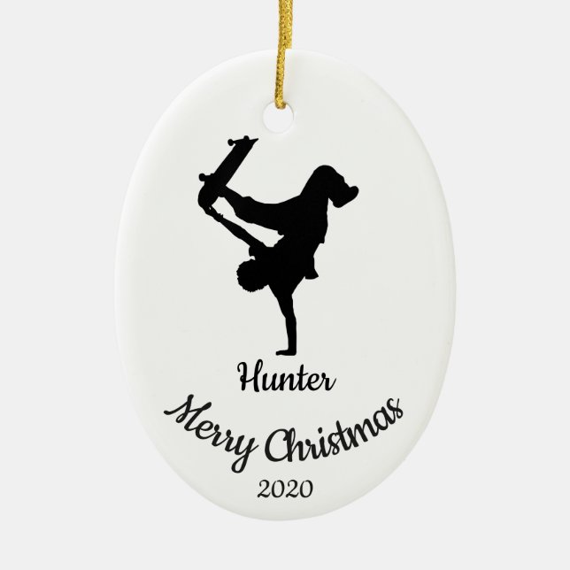 Custom Dated Christmas Skateboard Ceramic Tree Decoration (Front)