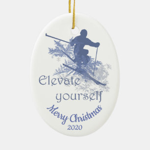 Custom Dated Christmas Skiing Quote Inspirational Ceramic Tree Decoration