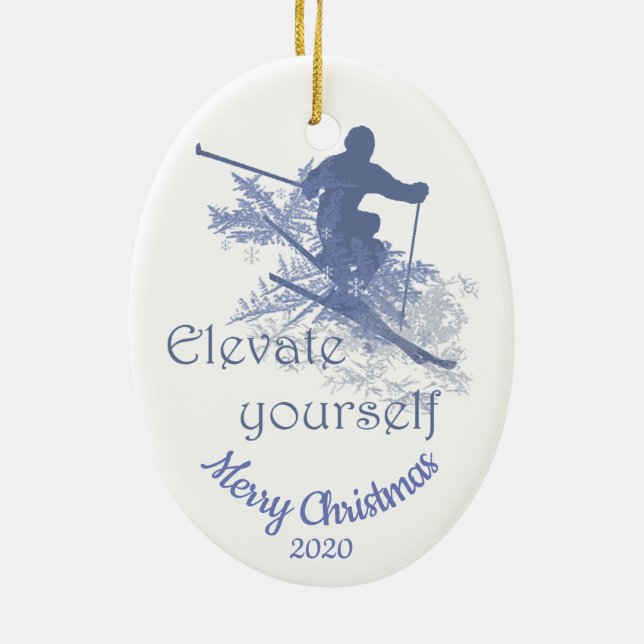 Custom Dated Christmas Skiing Quote Inspirational Ceramic Tree Decoration (Back)