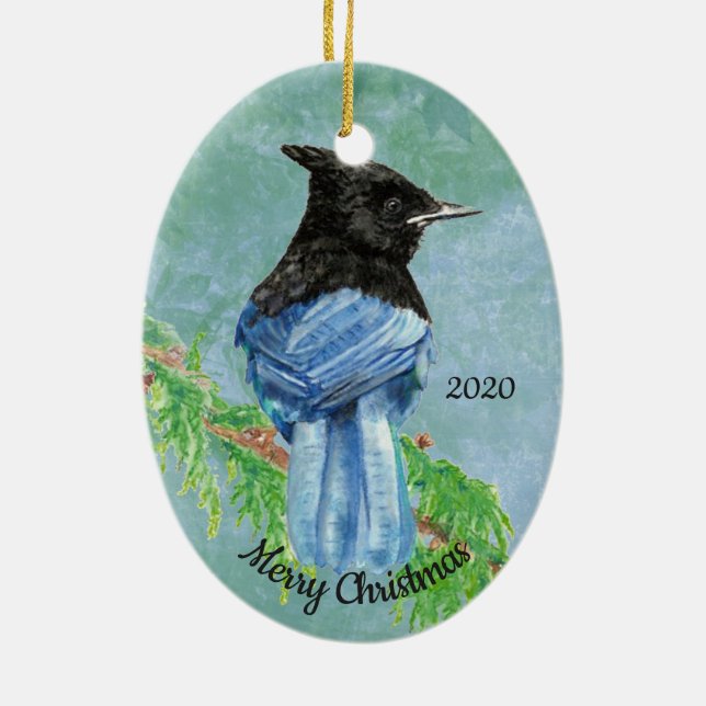Custom Dated Christmas Stellar Jay Bird Art Ceramic Tree Decoration (Back)