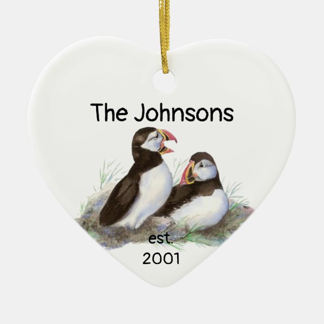 Custom Dated Christmas Together Puffins Bird Ceramic Tree Decoration (Front)