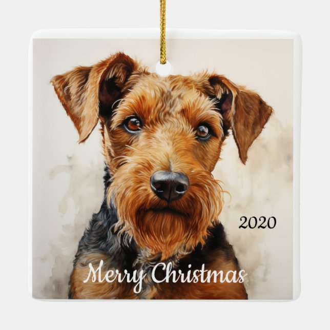 Custom Dated Christmas Watercolor Airedale Terrier Ceramic Ornament (Back)