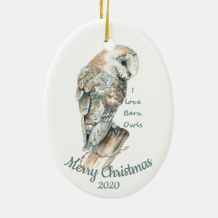 Custom Dated Christmas  Watercolor Barn Owl Bird Ceramic Tree Decoration