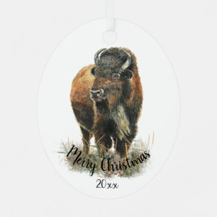 Custom Dated Christmas Watercolor Bison Buffalo  Metal Tree Decoration