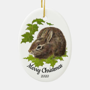 Custom Dated Christmas Watercolor Bunny Rabbit Ceramic Tree Decoration