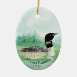 Custom Dated Christmas Watercolor Common Loon Bird Ceramic Tree Decoration