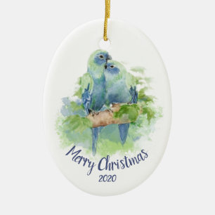 Custom Dated Christmas Watercolor Cuddling Parrots Ceramic Tree Decoration