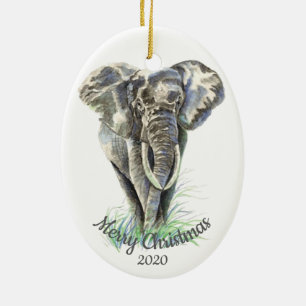 Custom Dated Christmas Watercolor Elephant Ceramic Tree Decoration