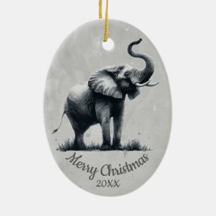 Custom Dated Christmas Watercolor Elephant Ceramic Tree Decoration
