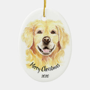 Custom Dated Christmas Watercolor Golden Retriever Ceramic Tree Decoration