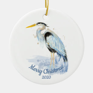 Custom Dated Christmas Watercolor Great Blue Heron Ceramic Tree Decoration