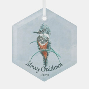 Custom Dated Christmas Watercolor Kingfisher Bird Glass Tree Decoration