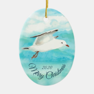 Custom Dated Christmas Watercolor Seagull Bird Ceramic Tree Decoration