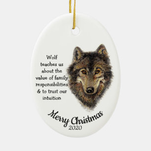 Custom Dated Christmas Watercolor Wolf Totem Art Ceramic Tree Decoration