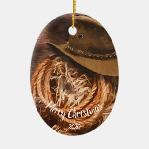 Custom Dated Christmas Western Cowboy Hat Lariat Ceramic Tree Decoration