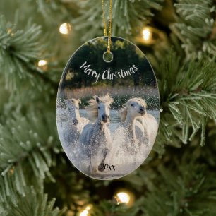 Custom Dated Christmas White Horses Running Ceramic Tree Decoration