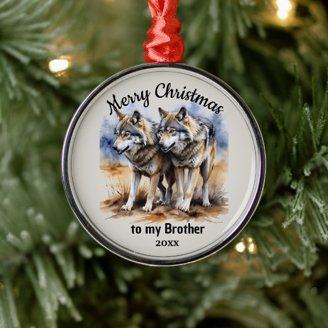 Custom Dated Christmas Wolf Brother Metal Tree Decoration (Tree)