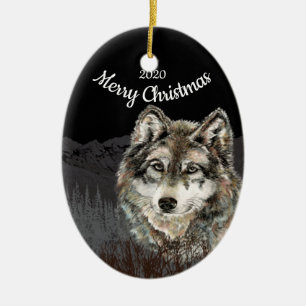 Custom Dated Christmas Wolf Mountain Ceramic Tree Decoration
