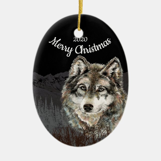 Custom Dated Christmas Wolf Mountain Ceramic Tree Decoration (Front)