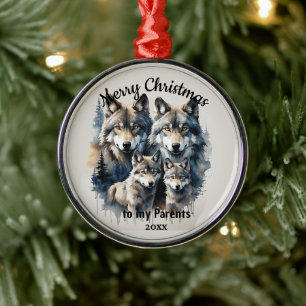 Custom Dated Christmas Wolf Parents  Metal Tree Decoration