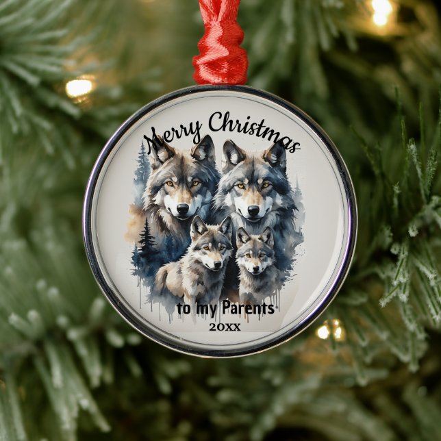 Custom Dated Christmas Wolf Parents  Metal Tree Decoration (Tree)