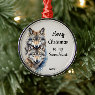 Custom Dated Christmas Wolf Sweetheart Metal Tree Decoration