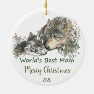 Custom Dated Christmas World's Best Mum Wolf Art Ceramic Tree Decoration