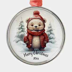 Custom Dated Cute Winter Bear Animal Christmas Metal Tree Decoration
