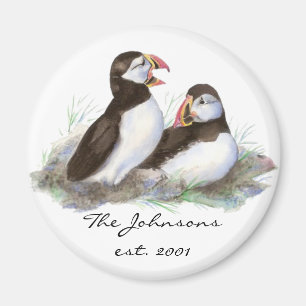 Custom Dated Family Monogram Cute Puffins Magnet