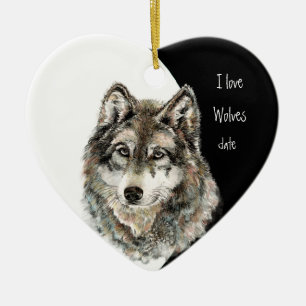 Custom Dated I love Wolves, Watercolor Animal Ceramic Tree Decoration