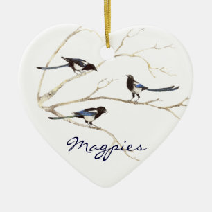 Custom Dated, Magpie Family, Birds Ceramic Tree Decoration