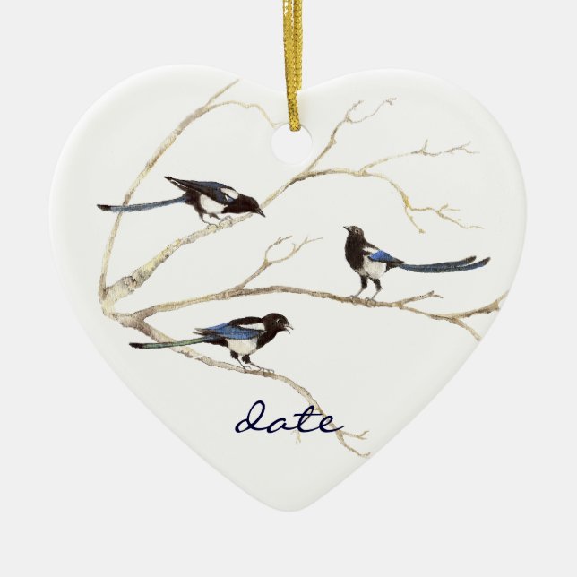 Custom Dated, Magpie Family, Birds Ceramic Tree Decoration (Front)