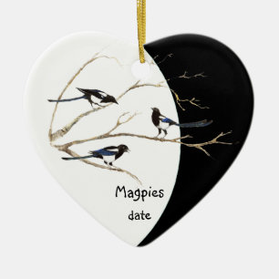 Custom Dated Magpie Family Watercolor Bird Ceramic Tree Decoration