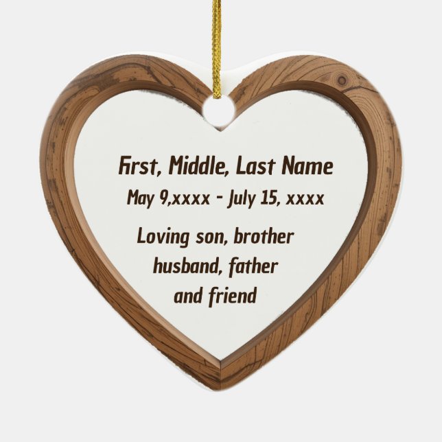 Custom Dated Name Photo Polished Wood Heart Ceramic Tree Decoration (Back)