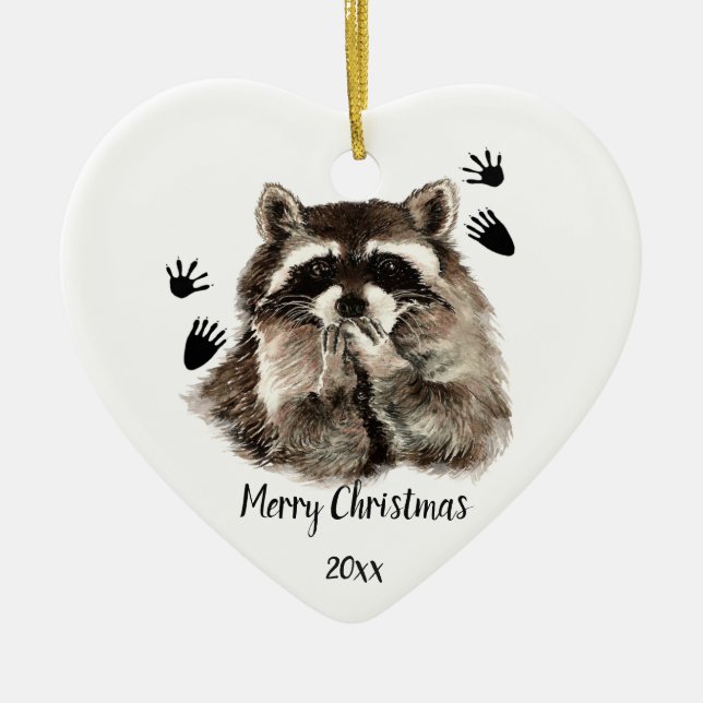 Custom Dated Racoon Blowing Kisses, Love Animals  Ceramic Tree Decoration (Front)