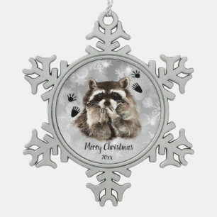 Custom Dated Racoon Blowing Kisses, Love Animals  Snowflake Pewter Christmas Ornament