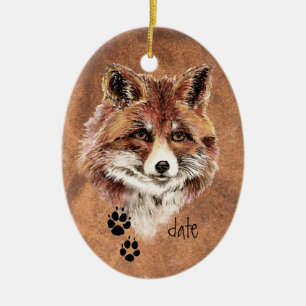 Custom Dated Red Fox Tracks, Watercolor Animal Art Ceramic Tree Decoration